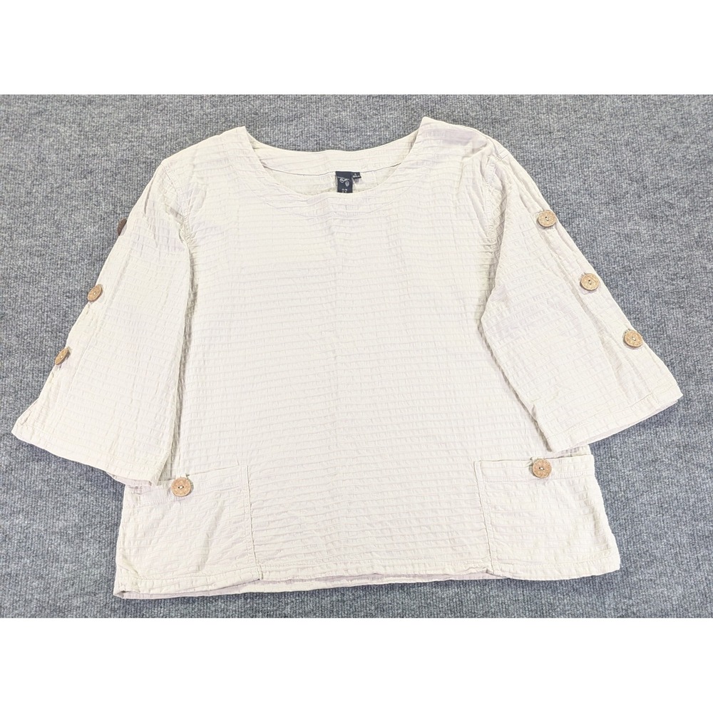 Focus Casual Life Cream Cotton Crinkle Top Wood Button Detail Large